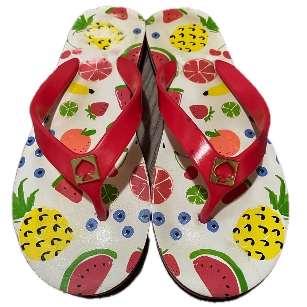 Kate Spade New York Colorful Fruit Print Flip Flops with Red Straps